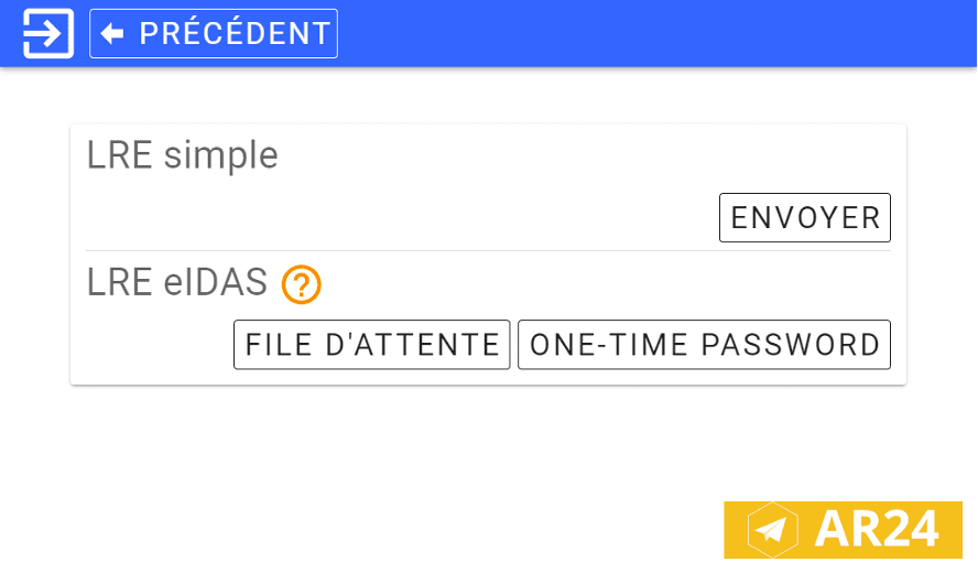 Application My Digital Registered Letter - Ecran envoi Ecran de configuration My Digital Registered Letter envoi et logo AR24